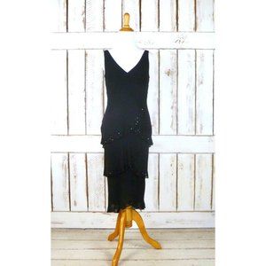 Black silk beaded vneck sleeveless layered cocktail evening dress